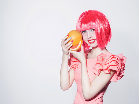 fashion portrait of beauty young woman with red bob hairstyle.Unusual Beautiful happy girl with...