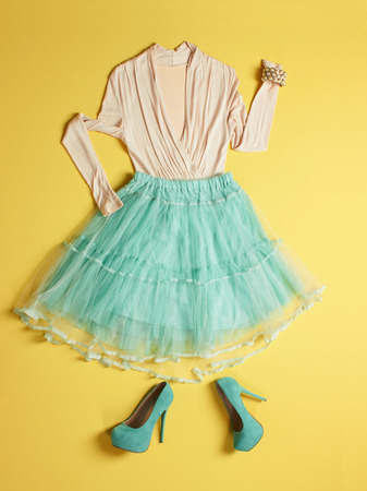 blue woman high heels shoes,skirt and blouse.beauty still life.feminine tricksの写真素材