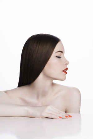 sexy girl with red lips.beautiful young woman with clean fresh faceの写真素材