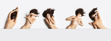 Fashion art collage of female nude bodies.naked sexy women. beautiful nude body girls lying on the floorの写真素材