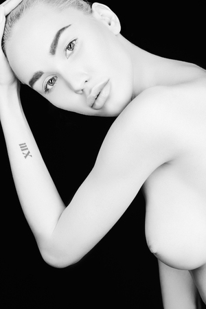 beautiful nude blonde woman. black and white naked sexy girlの写真素材