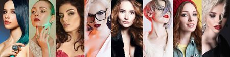 Different female faces. collage of beautiful women. beautiful girls with make-up and color Hair