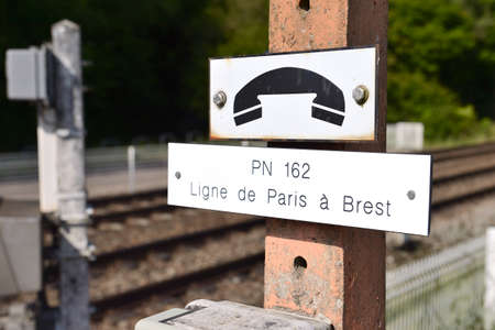 Mayenne, France, mai 2015.
Automatic railroad grade crossing on a small country road. 
Emergency telephoneのeditorial素材