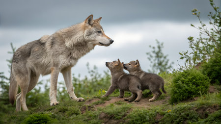 A gray wolf stands proudly while her two young pups curiously approach her in a lush green area. The sky is cloudy, indicating early morning or late afternoon.の素材
