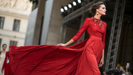 A striking woman walks confidently on the runway, wearing a stunning red gown with flowing fabric.の素材