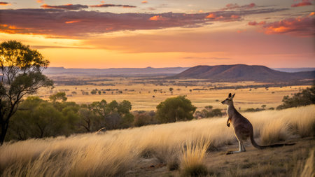A kangaroo stands gracefully in the foreground, silhouetted against a vibrant sunset painting the Australian outback in hues of orange and purple. The serene scene captures the essence of nature.の素材