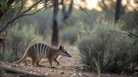 In the soft light of dust, a numbat moves cautiously through the underbrush, its keen senses alert for the sound of termites. The Australian landscape provides a serene backdrop for its foraging.の素材