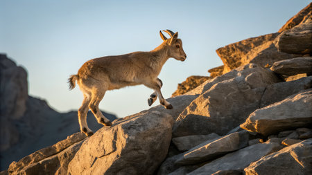 In the serene twilight, a young markhor skillfully bounds among rocky terrain, embodying agility and grace. The majestic mountains serve as its backdrop, enhancing the beauty of this untamed moment.の素材