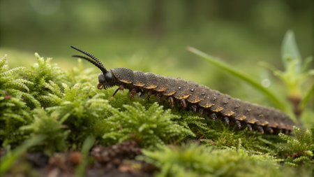 A velvet worm moves delicately over the soft moss, showing its fascinating texture and vibrant environment. This close-up captures the intricacy of nature's artistry in a serene forest.の素材