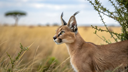 In the serene expansion of the African savanna, a caracal with strikingly tufted ears intently watches its surroundings. Its sharp gaze reflects the beauty and solitude of the wild at dusk.の素材