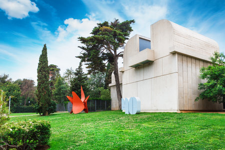 Barcelona, SPAIN - April 22, 2016: Fundacio Joan Miro - 1975, is a museum of modern art with the works by Joan Miro, located on the hill called Montjuic in Barcelona, Spain. Architect: Josep Lluis Sert. Front viewのeditorial素材