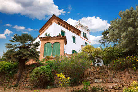 Barcelona, Spain - April 19, 2016: Building Casa Trias e Domenech in Park Guell, designed by Antoni Gaudi. House of lawyerのeditorial素材