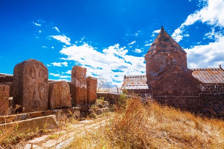 Scenic view of an old Sevanavank church in Sevan, Armeniaの写真素材