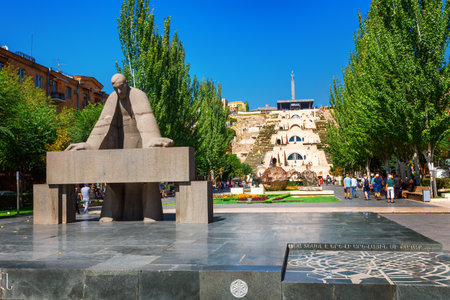 YEREVAN, ARMENIA - APRIL 8, 2016: Statue of Alexander Tamanyan in front of Cascade Complex. Alexander Tamanian, 1878-1936, was a Russian-born Armenian neoclassical architect.のeditorial素材