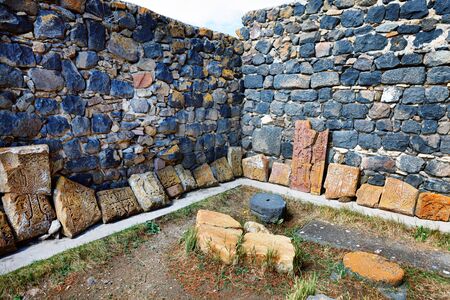 Khachkar of Surb Araqeloc and Astvatsatsin old Sevanavank church monastery, Sevan, Armeniaの写真素材