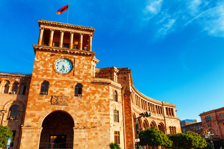 Yerevan, Armenia - 9th October, 2016: Government Building with the clock in front of the fountain on Republic Square of Yerevan in Armeniaのeditorial素材