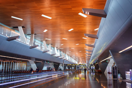 Doha, Qatar - 14 February, 2017: Hamad International Airport is for Doha, the capital city of Qatar. Horizontal escalatorのeditorial素材