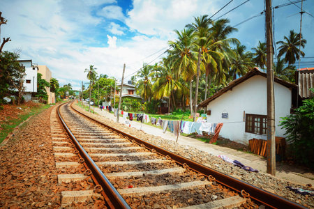 Railway crossing in Sri Lanka town Ambalagonda through housesのeditorial素材