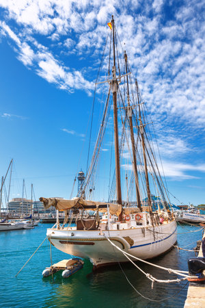 Barcelona, Spain - April 17, 2016: Big yachts lying at Port Vell Marine close to the Rambla del Marのeditorial素材