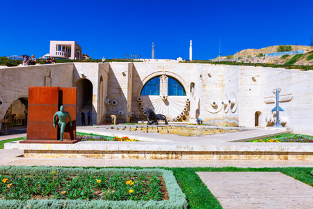 Yerevan, Armenia - 26 September, 2016: The The third 3th level of Cascade with lion and eagle on the wall fountainのeditorial素材