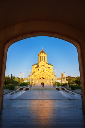 Tbilisi, Georgia - 8 October 2016: Main gates entrance to Tbilisi Sameba Cathedral Tsminda (Holy...