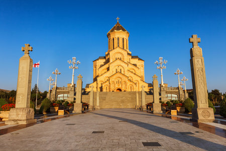 Tbilisi, Georgia - 8 October 2016: Main view with the stair case and cross pillars columns to...
