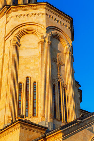 Tbilisi, Georgia - 8 October 2016: Tbilisi Sameba Cathedral Tsminda (Holy Trinity) biggest curch Orthodox Cathedral in Caucasus region, Eurasia, Georgia. Exterior. Front viewのeditorial素材