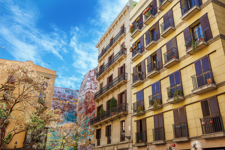 Barcelona, Spain - April 19, 2016: Medieval buildings in the Gothic and Born district, narrow street, Catalonian architechtureのeditorial素材