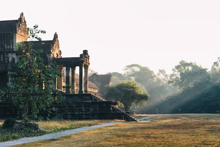 Side Front view of Angkor wat main temple in Siem Reap, Cambodia in the morning sunsrise lightの写真素材