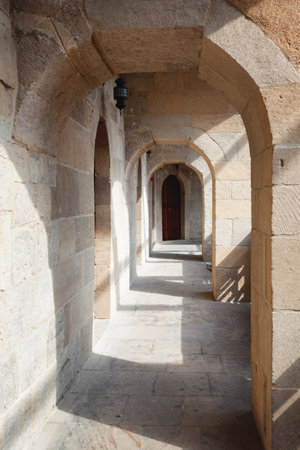 Baku, Azerbaijan - July 16, 2015: caravanserai restaurant and shopping center where venders have been selling carpets and pottery since the ancient times located in old town Bakuのeditorial素材