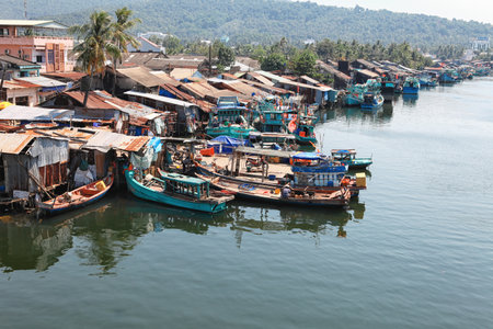 Phu Quoc, Vietnam - 14 January, 2015: Lifestyle of fishermen on their boats in An Thoi pier village, Phu Quoc island, Vietnamのeditorial素材