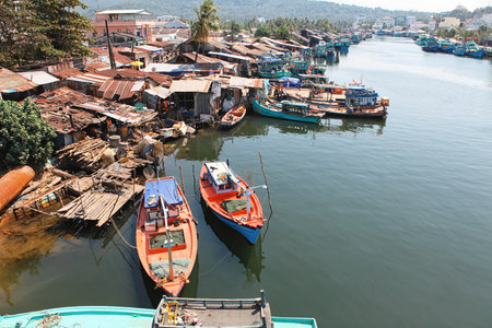 Phu Quoc, Vietnam - 14 January, 2015: Lifestyle of fishermen on their boats in An Thoi pier village, Phu Quoc island, Vietnamのeditorial素材