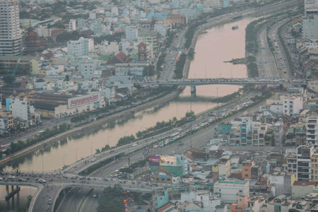 Ho Chi Minh, Vietnam - 29 January, 2015: Saigon river in Ho Chi Minh city by smog, Vietnam