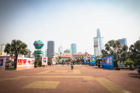Ho Chi Minh, Vietnam - 29 January, 2015: Skyscrapers, with architecture office towers, hotels, center cultural and commercial development square downtown of Saigonのeditorial素材