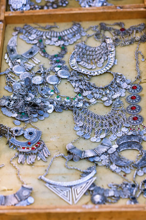 Tbilisi, Georgia - 08 October, 2016: Dry Bridge Flea market in Tbilisi sells Jewelry, silver. Most famous flea market in Georgia.のeditorial素材