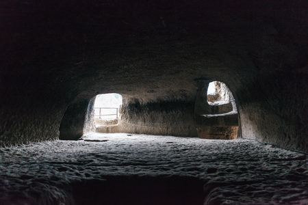 Vardzia close up of cave city-monastery. Vardzia was excavated in the Erusheti Mountain on the left bank of the Kura River, thirty kilometres from Aspindza, one of the main attractions of Georgiaの写真素材
