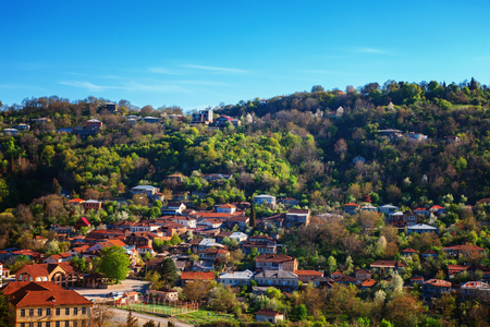 Magic View of Signagi and Alazani Valley on sunset. The heart of Georgia's wine-growing regions. View on the rooftopsの写真素材