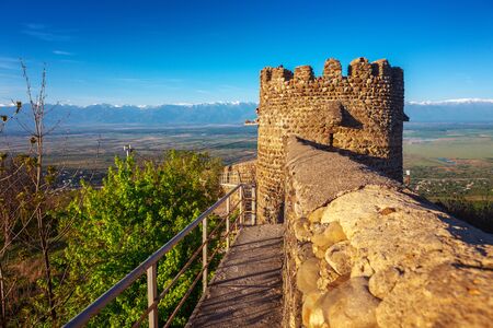 View on Alazan Valley and part of the city wall with fortified tower fortress historical town Signagi, Kakheti region, Georgiaの写真素材