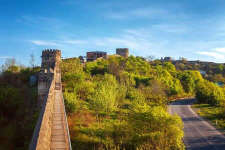 View on Alazan Valley and part of the city wall with fortified tower fortress historical town Signagi, Kakheti region, Georgiaの写真素材