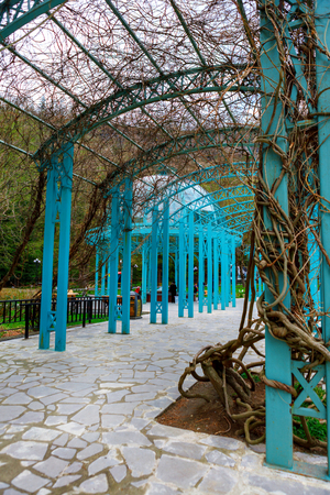 Borjomi, Samtskhe-Javakheti, Georgia. arch Entrance To Pavilion Above Hot Spring Of Borjomi Mineral Water. Famous Local Landmark Is City Parkの写真素材