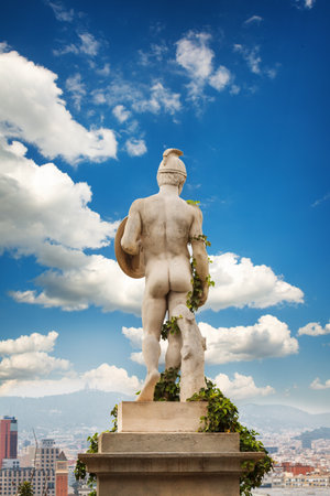 Barcelona, Spain - 22 April, 2016: Ancient statue faced to the city, stays in front of National Museum of Arts in Barcelona, Placa De Espanya Spanish Square, Spain. Located on the Montjuic mountainのeditorial素材