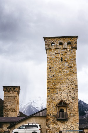 Historical defensive towers of Mestia - townlet in the highlands of Upper Svaneti province. It is a highland townlet in northwest Georgia, at an elevation of 1500 metres in the Caucasus Mountains.の写真素材