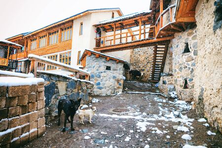 Mestia streets, backyard - townlet in the highlands of Upper Svaneti province in the Caucasus Mountains. It is a highland townlet in northwest Georgia, at an elevation of 1500 metres in the Caucasus Mountains.の写真素材
