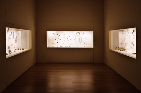 Mestia, Georgia - 25 April 2017: Interior hall of Svaneti Museum of History and Ethnography in Mestia, Georgia. On the right, there can be seen a typical Svaneti Medieval towerのeditorial素材