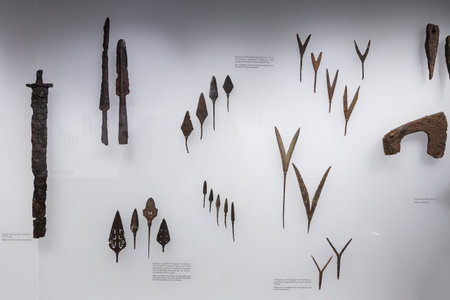 Mestia, Georgia - 25 April 2017: archaeological exposition of ancient finds of Svaneti Museum of History and Ethnography in Mestia, Georgiaのeditorial素材