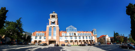 Signagi, Georgia - 20 April, 2017: Panoramic view of Clock tower building in Sighnaghi, Georgia, popular touristic destination in Georgia and also the capital of wine and carpet indusry. City of loveのeditorial素材