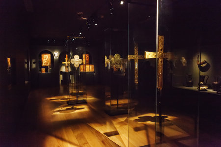 Mestia, Georgia - 25 April 2017: archaeological exposition of ancient orthodox icons of Svaneti Museum of History and Ethnography in Mestia, Georgiaのeditorial素材