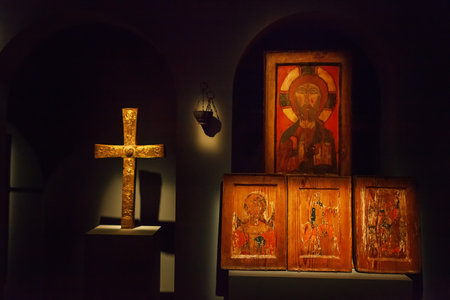 Mestia, Georgia - 25 April 2017: archaeological exposition of ancient orthodox icons of Svaneti Museum of History and Ethnography in Mestia, Georgiaのeditorial素材