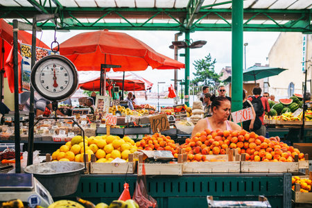 Belgrade, Serbia - 19 July, 2016: Different people at a farmers market Zeleni Venac in Belgrade,...