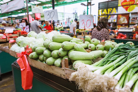 Belgrade, Serbia - 19 July, 2016: Stall of Leek and zucchini - Vegetables grocery on the Serbian Zeleni Venac farmer's market in Belgradeのeditorial素材